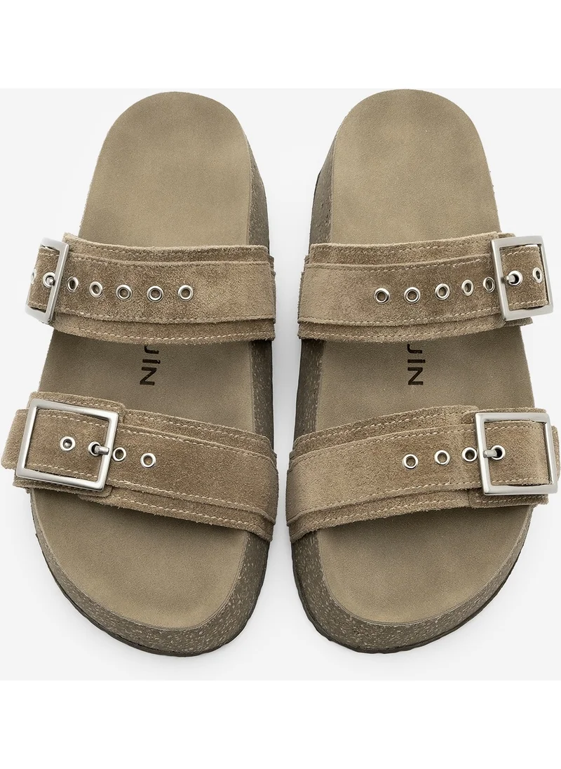 MARJIN Women's Leather Double Banded Cork Sole Olive Suede Casual Slippers Merga