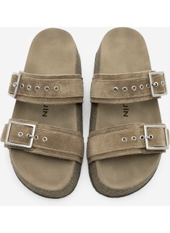 MARJIN Women's Leather Double Banded Cork Sole Olive Suede Casual Slippers Merga  - Image 4
