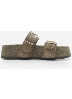 MARJIN Women's Leather Double Banded Cork Sole Olive Suede Casual Slippers Merga  - Image 2