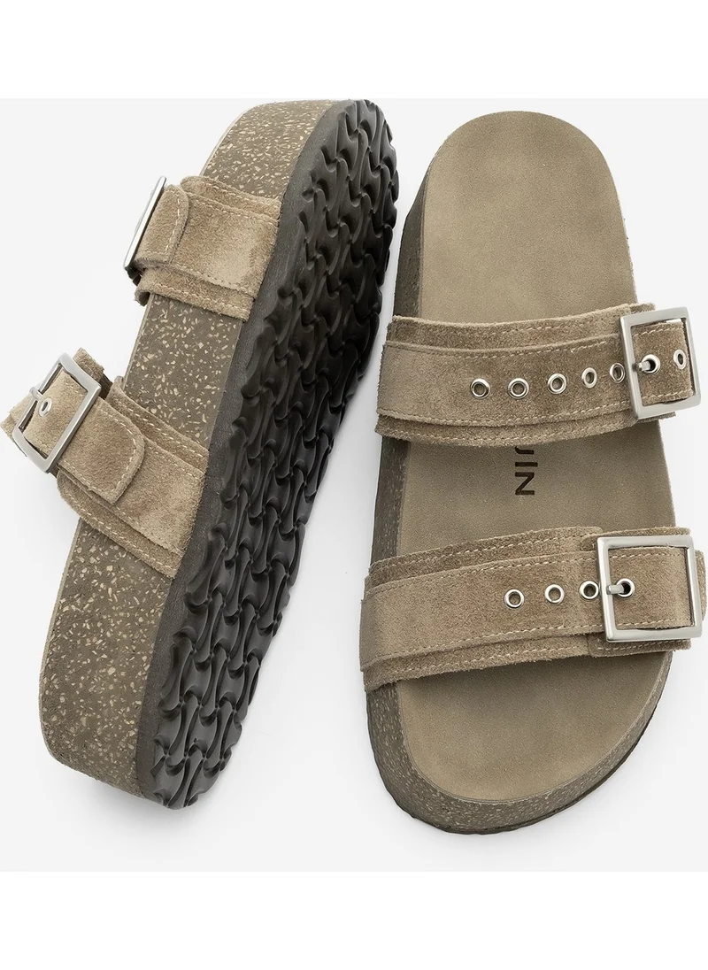 MARJIN Women's Leather Double Banded Cork Sole Olive Suede Casual Slippers Merga