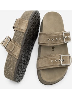 MARJIN Women's Leather Double Banded Cork Sole Olive Suede Casual Slippers Merga  - Image 5