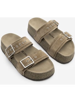 MARJIN Women's Leather Double Banded Cork Sole Olive Suede Casual Slippers Merga  - Image 3