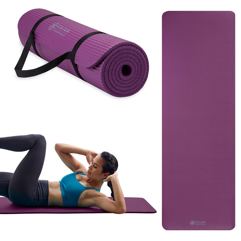 Gaiam Essentials Thick Yoga Mat Fitness & Exercise Mat with Easy-Cinch Carrier Strap, Purple, 72"L X 24"W X 2/5 Inch Thick, 10mm - Image 1