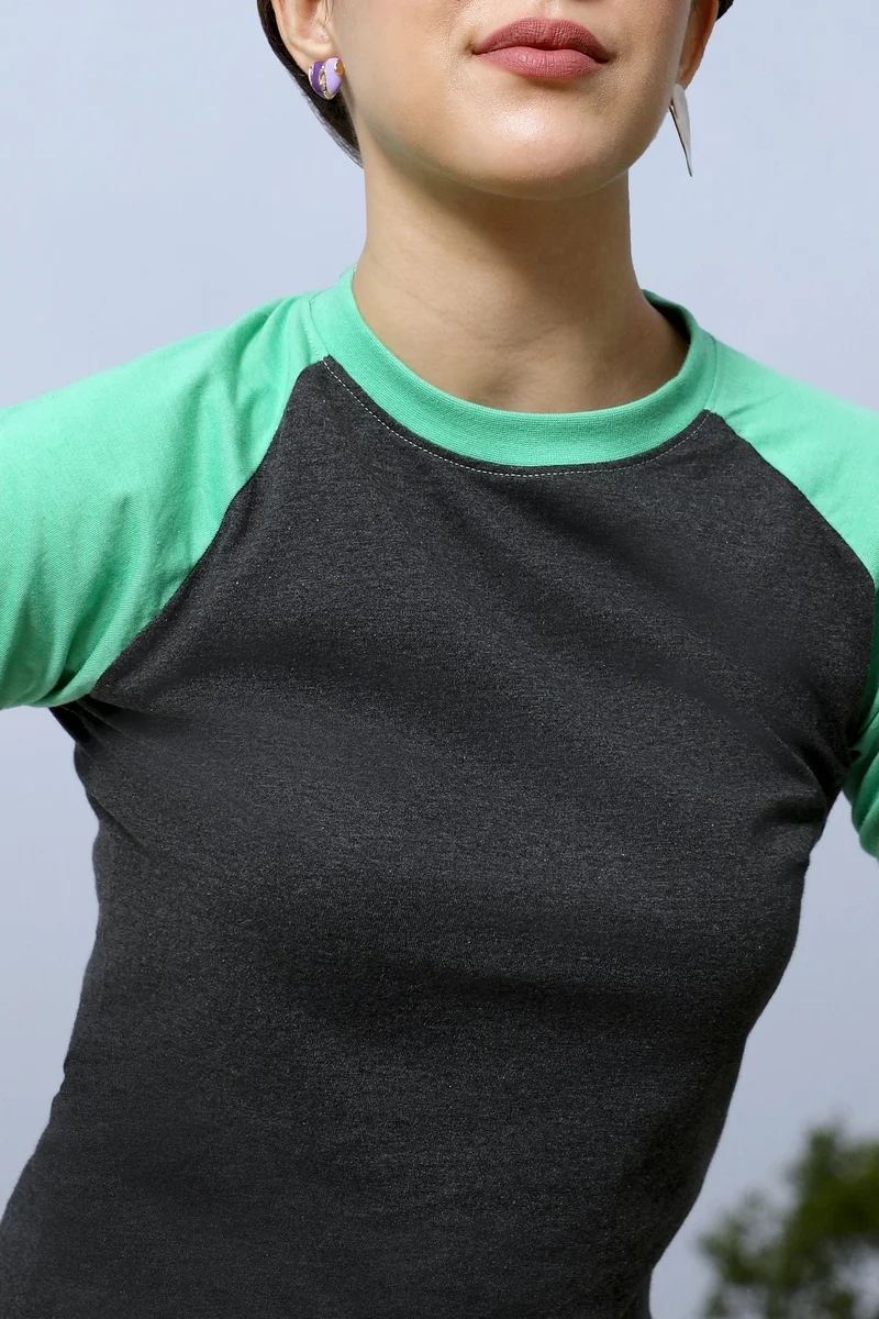 Pinacolada  Women's Mint Green & Charcoal Grey Raglan-Sleeved Top for Women | Best Price UAE