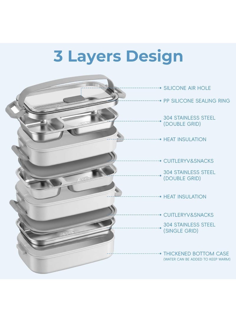 Adando Stainless Steel Lunch Box: 2100ml 3 Layers 304 Microwave Safe Leakproof Bento Box - 5 Compartments Stackable Bento Lunch Box for Adults Students Office School Picnic (White, 3 Layer) - Image 3
