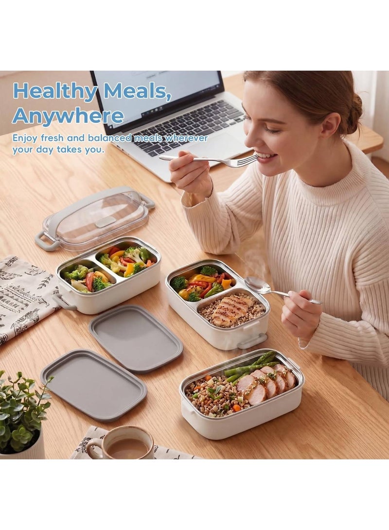 Adando Stainless Steel Lunch Box: 2100ml 3 Layers 304 Microwave Safe Leakproof Bento Box - 5 Compartments Stackable Bento Lunch Box for Adults Students Office School Picnic (White, 3 Layer) - Image 2