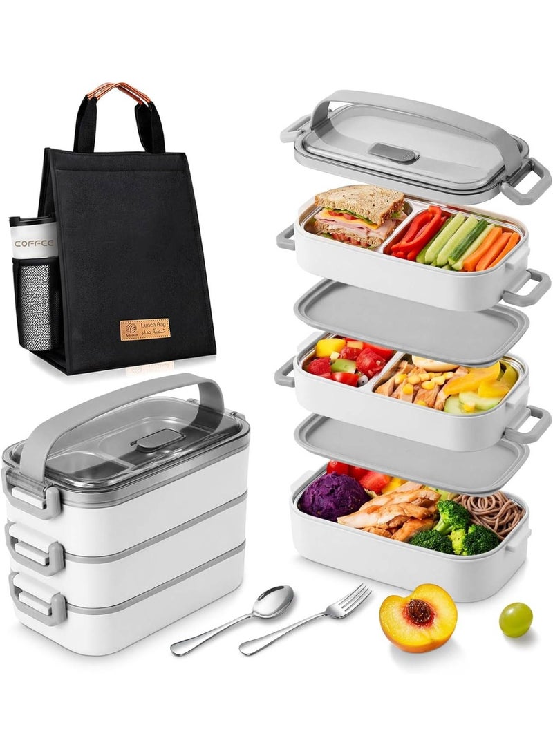 Adando Stainless Steel Lunch Box: 2100ml 3 Layers 304 Microwave Safe Leakproof Bento Box - 5 Compartments Stackable Bento Lunch Box for Adults Students Office School Picnic (White, 3 Layer) - Image 1