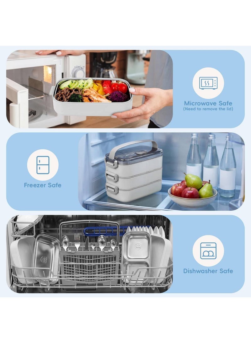 Adando Stainless Steel Lunch Box: 2100ml 3 Layers 304 Microwave Safe Leakproof Bento Box - 5 Compartments Stackable Bento Lunch Box for Adults Students Office School Picnic (White, 3 Layer) - Image 4