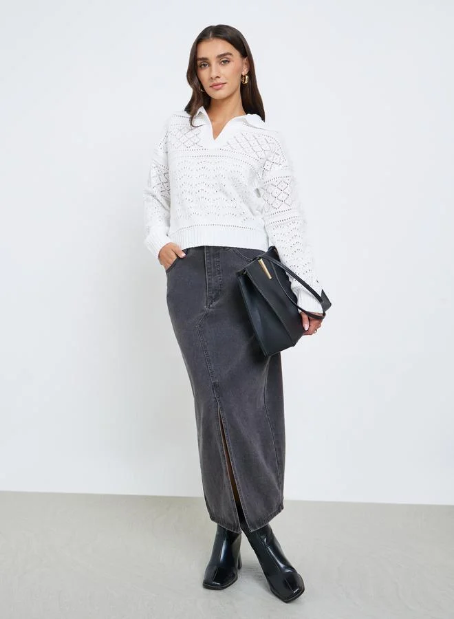 Styli White Knit Long Sleeve Top