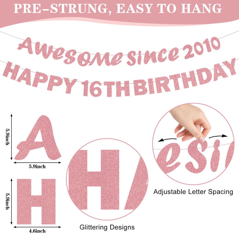Uiorgui 11PCS 16th Birthday Decorations for Girls, Pink Rose Gold Awesome Since 2010 Happy 16th Birthday Banner Balloons Hanging Swirls Table Centerpieces Hello 16 Party Supplies - Image 3