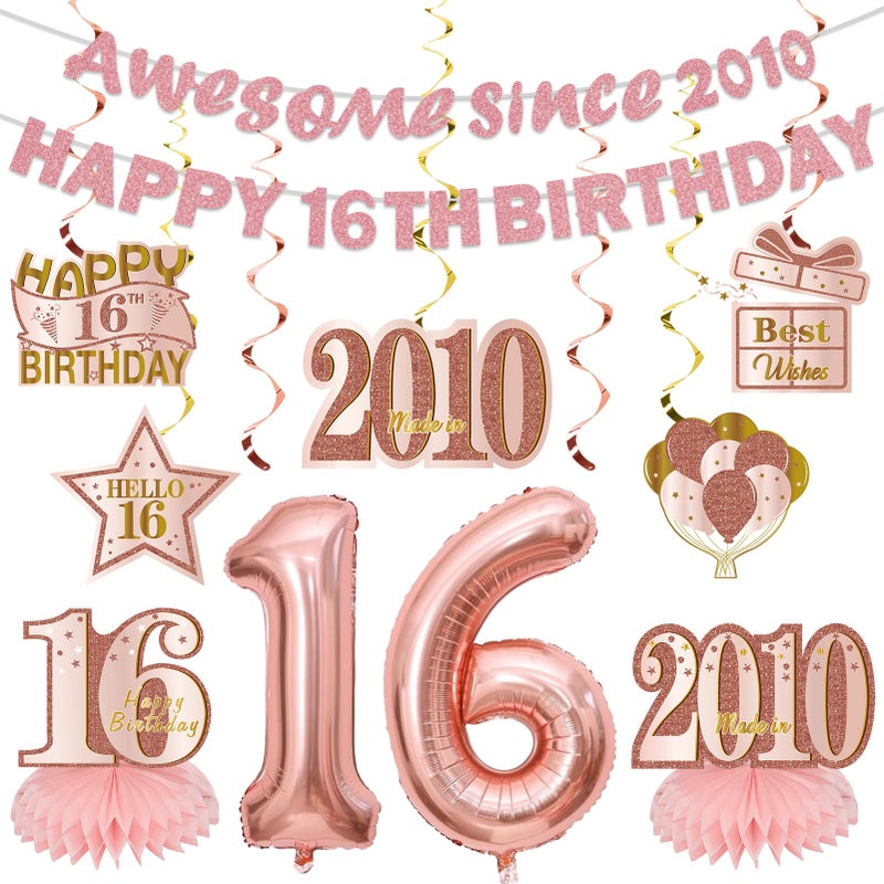 Uiorgui 11PCS 16th Birthday Decorations for Girls, Pink Rose Gold Awesome Since 2010 Happy 16th Birthday Banner Balloons Hanging Swirls Table Centerpieces Hello 16 Party Supplies - Image 1