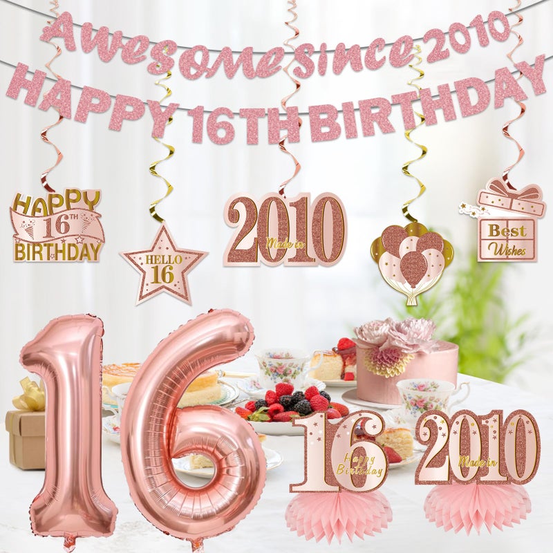 Uiorgui 11PCS 16th Birthday Decorations for Girls, Pink Rose Gold Awesome Since 2010 Happy 16th Birthday Banner Balloons Hanging Swirls Table Centerpieces Hello 16 Party Supplies - Image 4