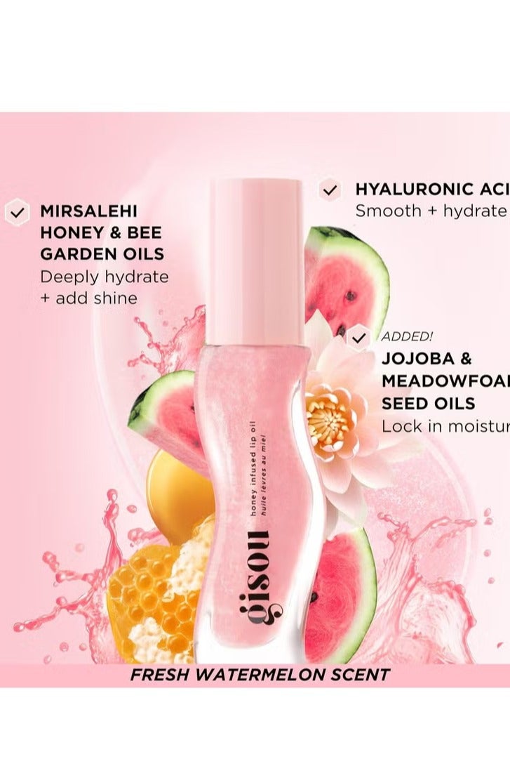 Gisou Honey Infused Hydrating Lip Oil, Nourishing Lip Moisturizer for Dry Lips, High Shine, Smooth Finish, Clear Pink Shimmer Shade, Fresh Watermelon Scent, Watermelon Sugar, 8ml - Image 3