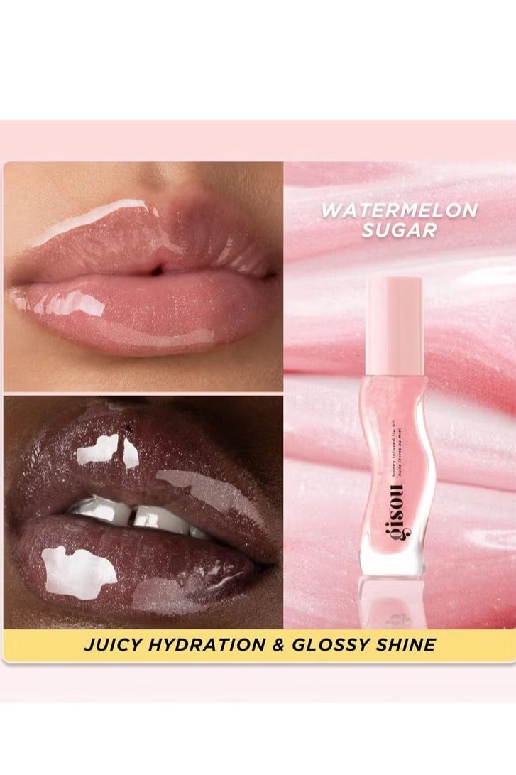Gisou Honey Infused Hydrating Lip Oil, Nourishing Lip Moisturizer for Dry Lips, High Shine, Smooth Finish, Clear Pink Shimmer Shade, Fresh Watermelon Scent, Watermelon Sugar, 8ml - Image 4