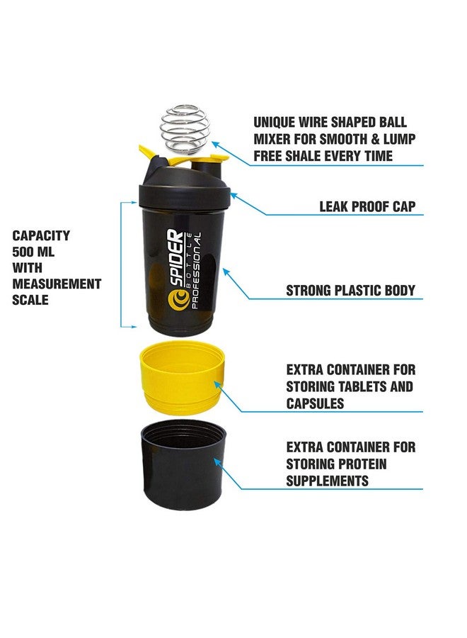 TRUE INDIAN Gym Shaker Spider 500ml with 2 Storage Extra Compartment for Gym Yellow Black Protein Shaker Blender Bottle for Whey Protein Mix, Cycling, Gym Water Bottle with Stainless Steel Blender Ball - Image 2