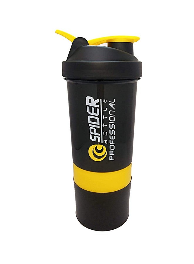 TRUE INDIAN Gym Shaker Spider 500ml with 2 Storage Extra Compartment for Gym Yellow Black Protein Shaker Blender Bottle for Whey Protein Mix, Cycling, Gym Water Bottle with Stainless Steel Blender Ball - Image 1