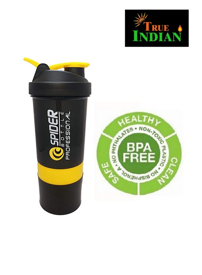 TRUE INDIAN Gym Shaker Spider 500ml with 2 Storage Extra Compartment for Gym Yellow Black Protein Shaker Blender Bottle for Whey Protein Mix, Cycling, Gym Water Bottle with Stainless Steel Blender Ball - Image 3