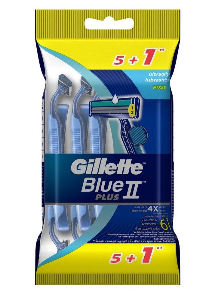 Gillette BlueII Plus Men's Disposable Razors, Two Blades, Fixed Head, Lubricant Band - Pack of 5+1