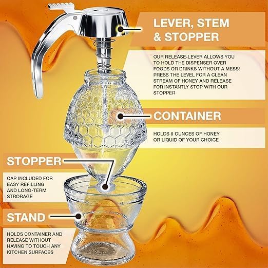 JJ Shopobox JJshopobox Honey Dispenser No Drip Glass - Maple Syrup Dispenser Glass - Beautiful Honey Comb Shaped Honey Pot - Honey Jar with Stand, Great Bee Decor - Image 2