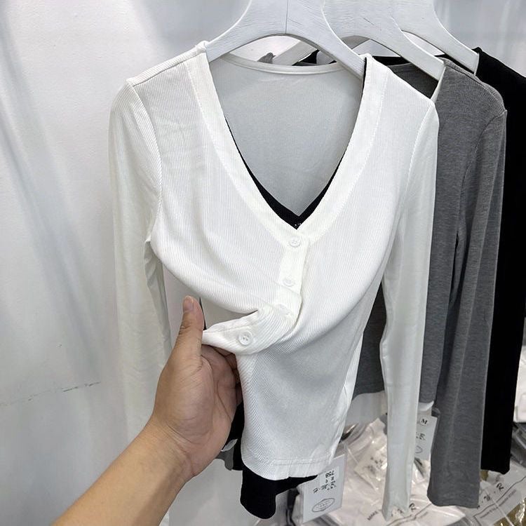 Real Shot of a Two-Piece Spliced Long-Sleeve T-Shirt for Women, Early Autumn New Style, Slim-Fit Elastic Base Shirt Top for Women