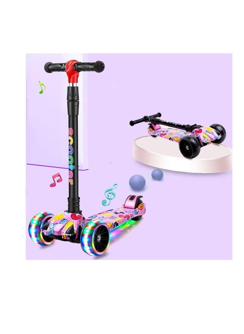 kids scooter three-wheeled scooter foldable and adjustable height graffiti pattern with LED light-up wheels with music, suitable for children aged 2-6  - Image 1