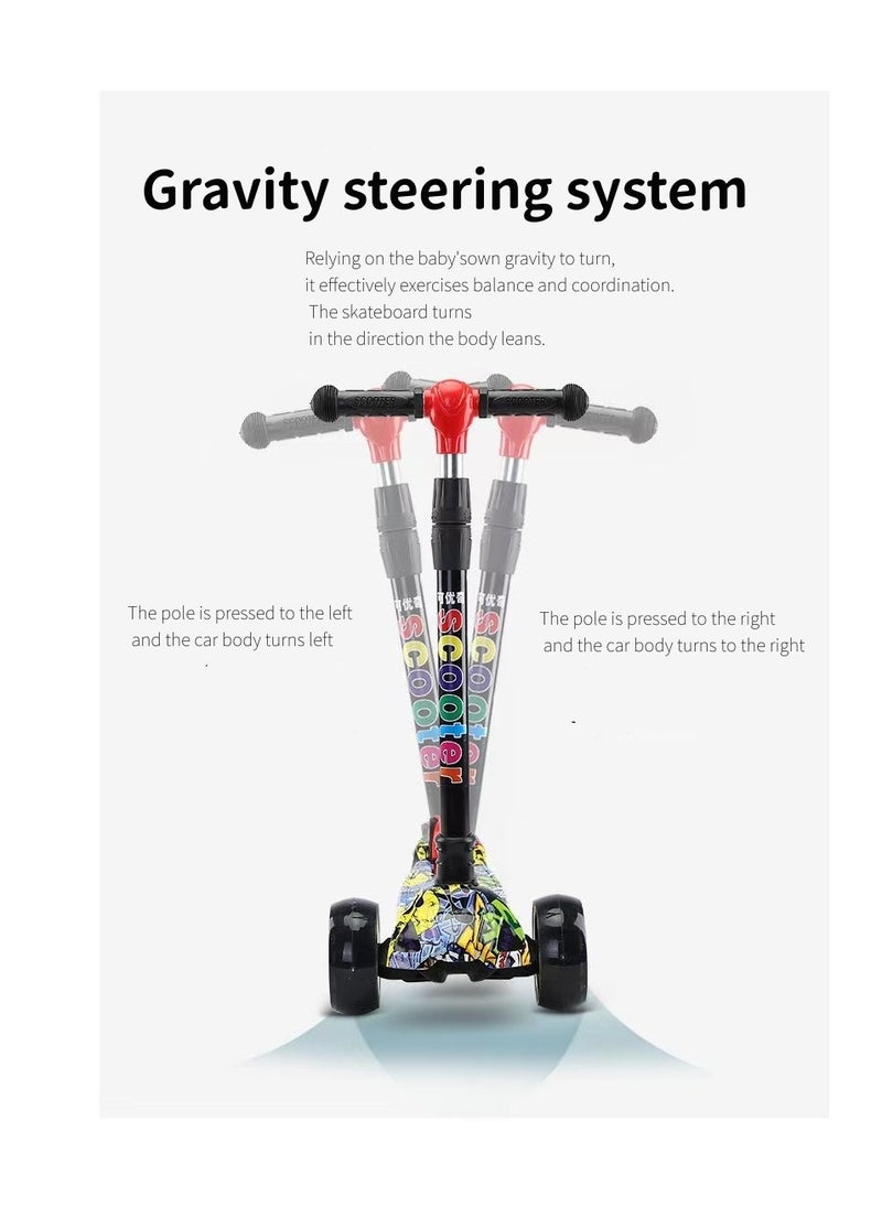 kids scooter three-wheeled scooter foldable and adjustable height graffiti pattern with LED light-up wheels with music, suitable for children aged 2-6  - Image 5