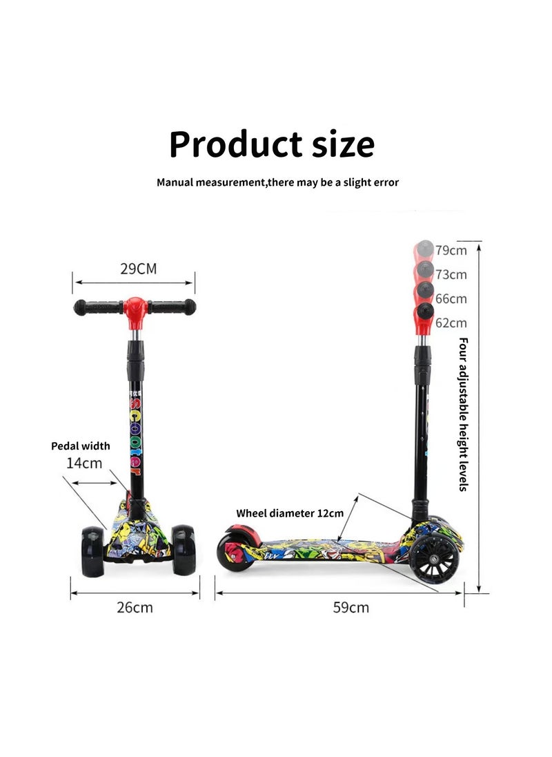 kids scooter three-wheeled scooter foldable and adjustable height graffiti pattern with LED light-up wheels with music, suitable for children aged 2-6  - Image 2