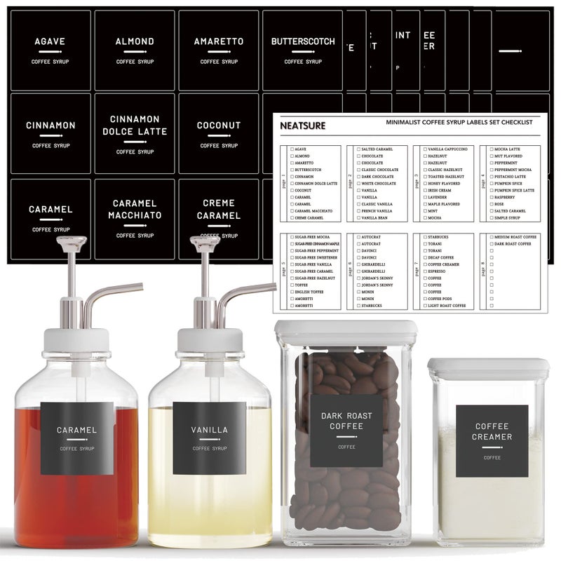 Neatsure 89 Coffee Syrup Labels for Coffee Bar Accessories, Minimalist Preprinted Coffee Stickers for Coffee Station, Essentials for Syrup Bottle & Dispenser Organization - Image 1