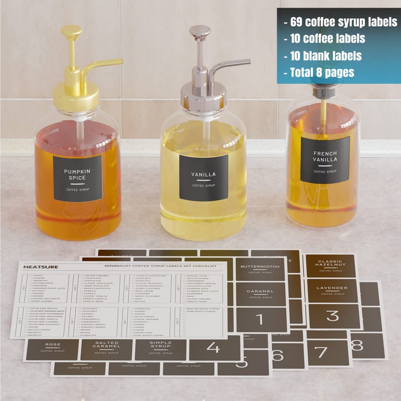 Neatsure 89 Coffee Syrup Labels for Coffee Bar Accessories, Minimalist Preprinted Coffee Stickers for Coffee Station, Essentials for Syrup Bottle & Dispenser Organization - Image 2