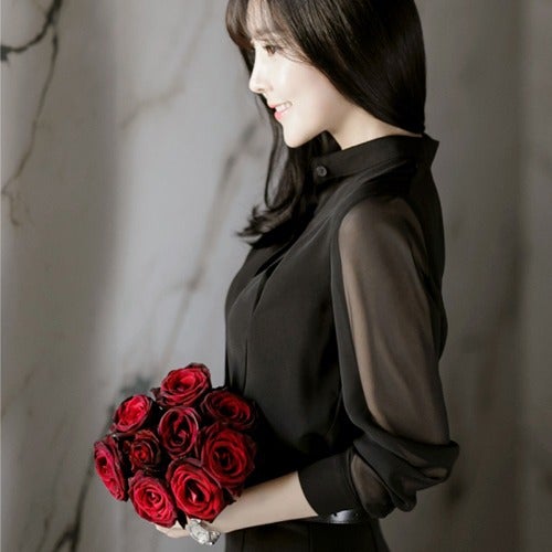 Womens Long Sleeve Sexy Chiffon Blouse 2024 Spring Summer New Korean Style Slimming Black Stand Collar Shirt Black