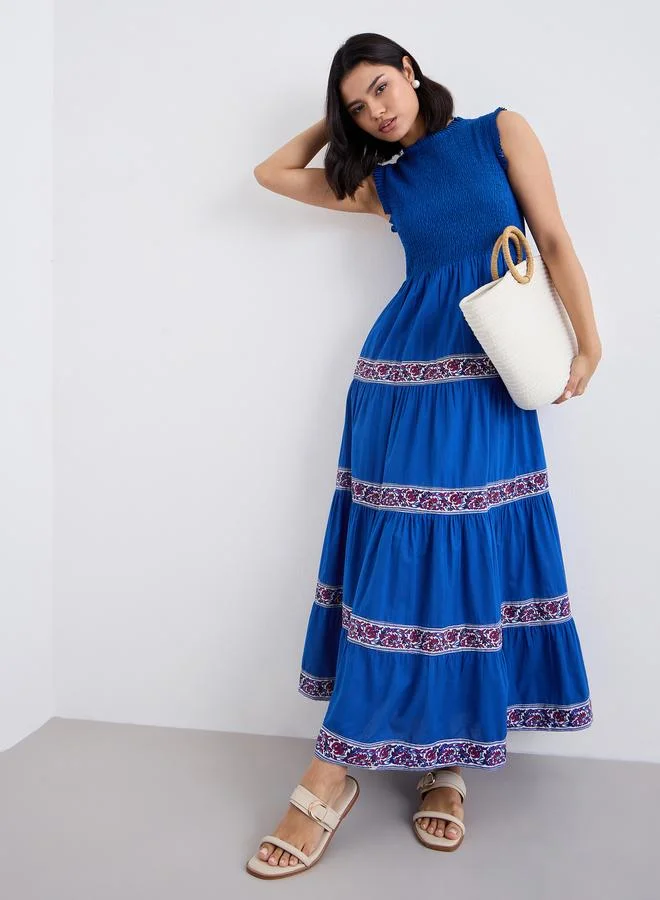 ستايلي Styli Blue Embroidered Taping Smocked Maxi Dress