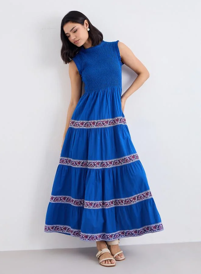 ستايلي Styli Blue Embroidered Taping Smocked Maxi Dress