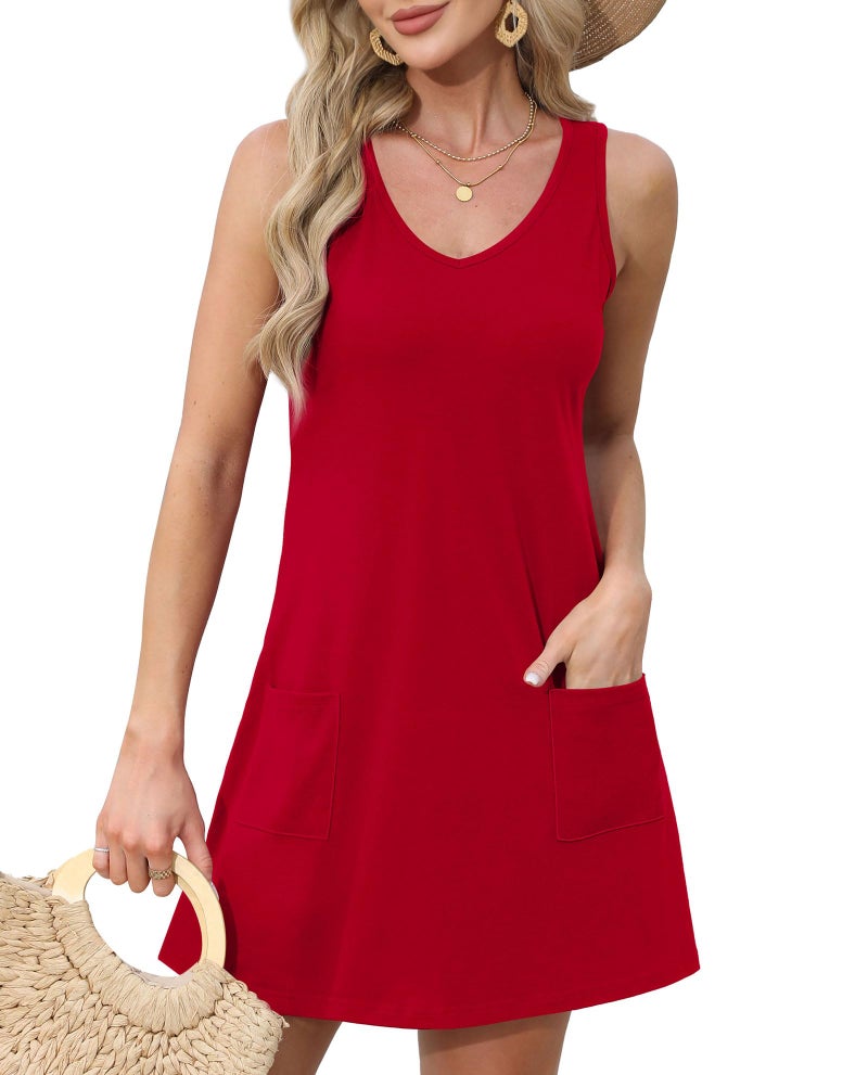 OFEEFAN Summer Dresses for Women 2025 Loose V Neck Sleeveless Casual Dress Sundresses with Pockets Plain Red M - Image 2