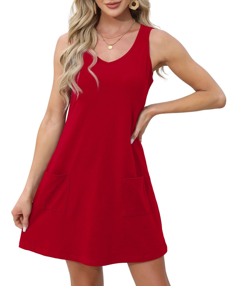 OFEEFAN Summer Dresses for Women 2025 Loose V Neck Sleeveless Casual Dress Sundresses with Pockets Plain Red M - Image 3