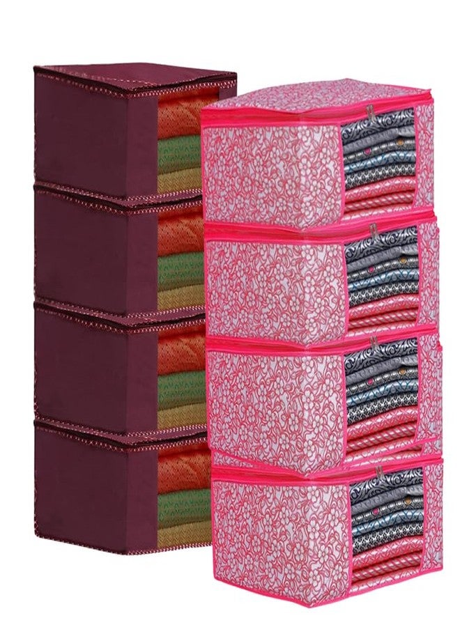 EasyGoods® Saree Covers with Zip for Storage, Pink Chiku and Maroon Design, Storage Organizer For Saree, Wardrobe Organiser, (45L x 35W x 22H CM) (Pack of 8)