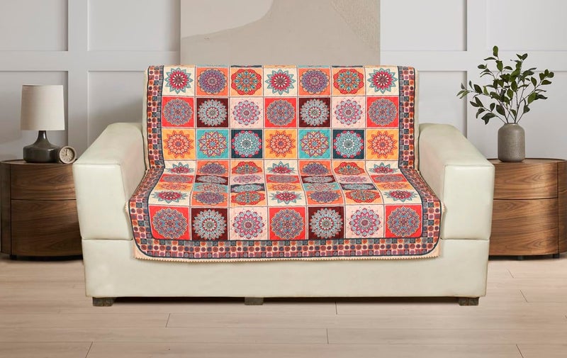 Nendle Sofa Cover 2 Seater Printed Quilted Velvet Universal Mat Antiskid Dust Protector Two Seater Sofa Cover for Living Room (Orange, Pack of 1) - Image 1