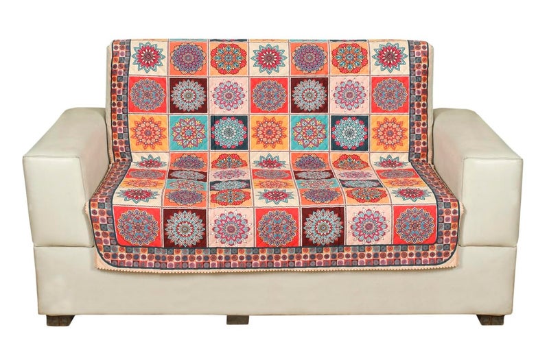 Nendle Sofa Cover 2 Seater Printed Quilted Velvet Universal Mat Antiskid Dust Protector Two Seater Sofa Cover for Living Room (Orange, Pack of 1) - Image 2
