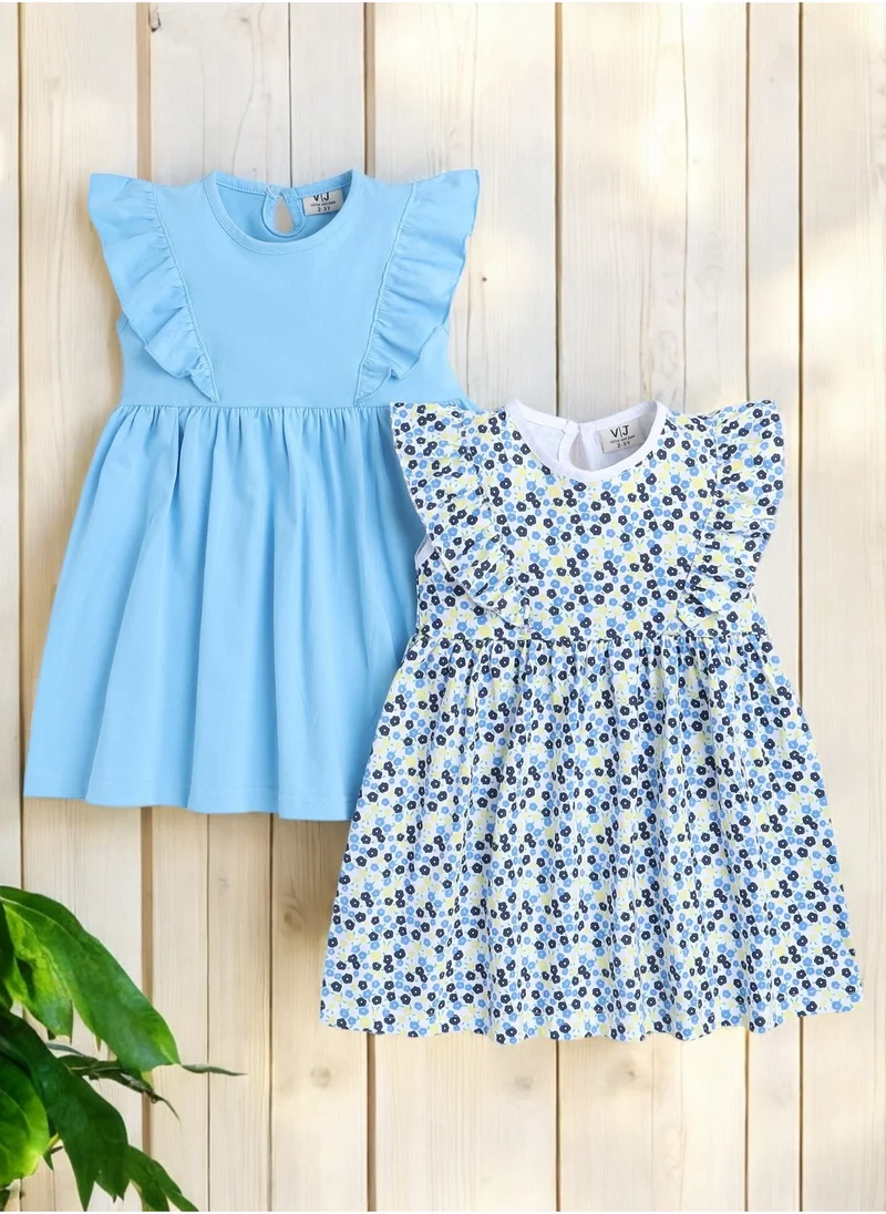 victor and jane Girls Summer A-Line Dress with Ruffles - Blue / Multicolur