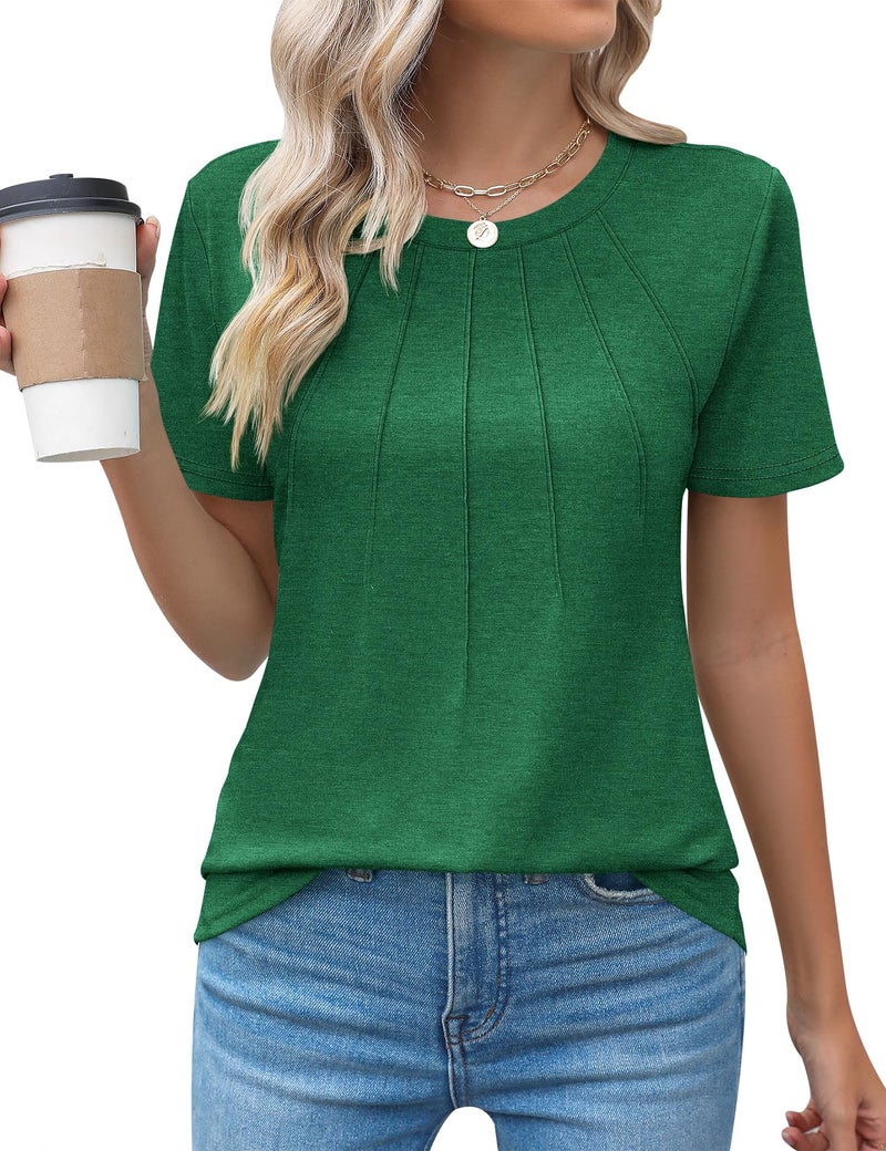 Kistore Women's Tops Dressy Short Sleeve Pleated Crew Neck Casual Tunic Loose Shirts Summer Clothes Green L - Image 1
