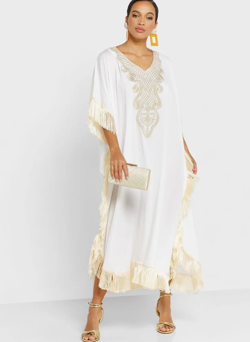 hayas closet Fringed Embellished Caftan Dress