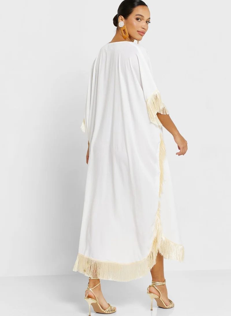 hayas closet Fringed Embellished Caftan Dress