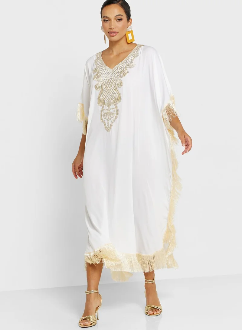 hayas closet Fringed Embellished Caftan Dress