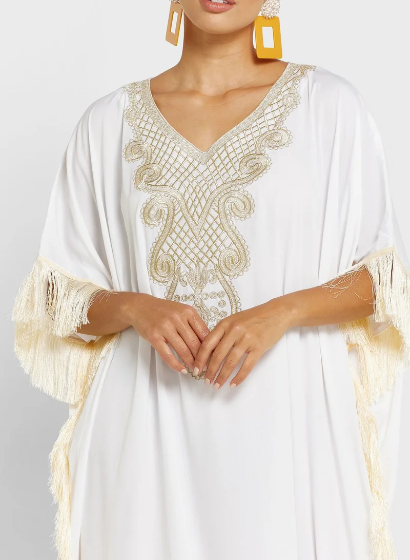 hayas closet Fringed Embellished Caftan Dress