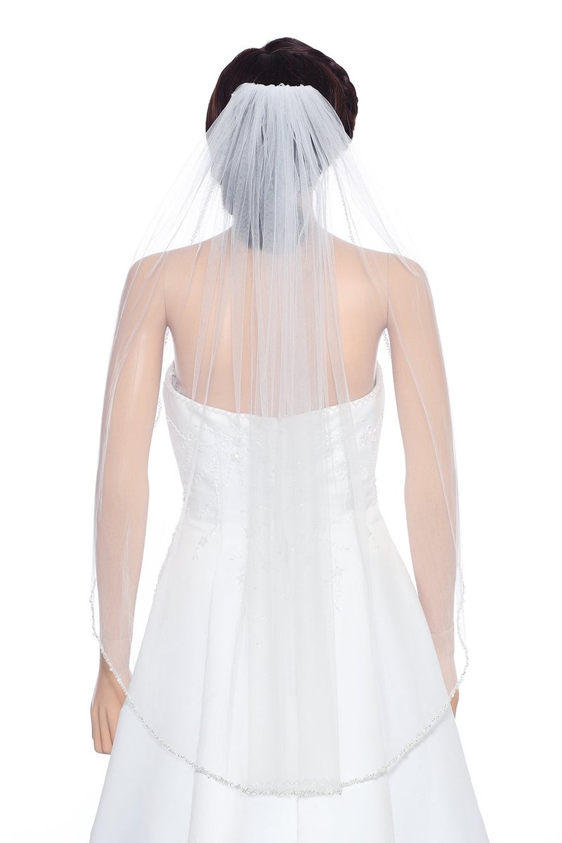 SAMKY 1T 1 Tier Crystals Pearls Beaded Wedding Veil (Elbow Length 30" White) - Image 2