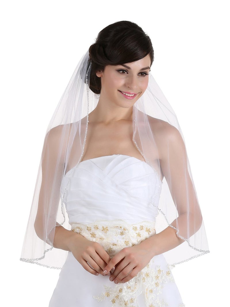 SAMKY 1T 1 Tier Crystals Pearls Beaded Wedding Veil (Elbow Length 30" White) - Image 1