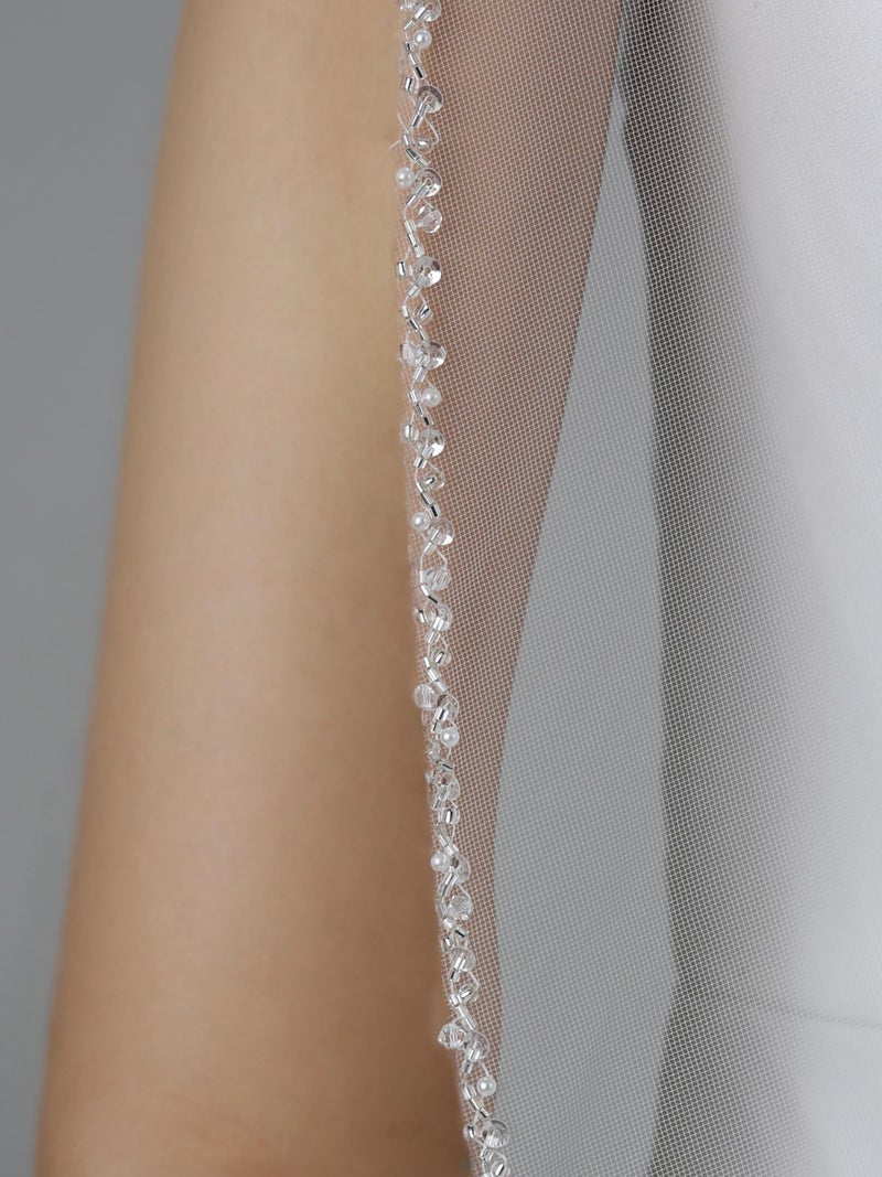 SAMKY 1T 1 Tier Crystals Pearls Beaded Wedding Veil (Elbow Length 30" White) - Image 3