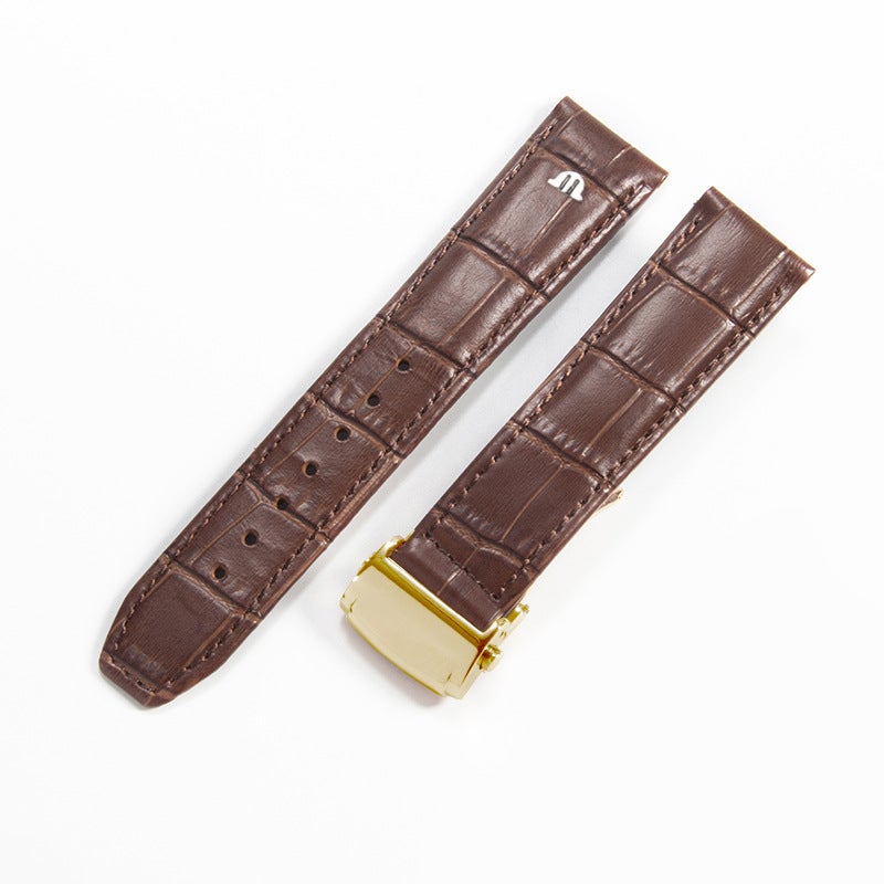 Generic Genuine Leather Watch Strap 20mm 22mm for Men Brown-yellow gold buckle
