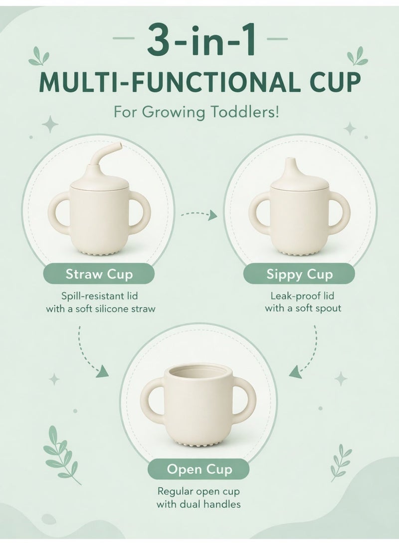 3-in-1 Silicone Baby Sippy Cup - Training Cup with Straw & Spout Lids, Anti-Spill BPA-Free Drinking Cup for Infants & Toddlers, Leakproof Travel Bottle for Milk/Juice/Water （Beige） - Image 3