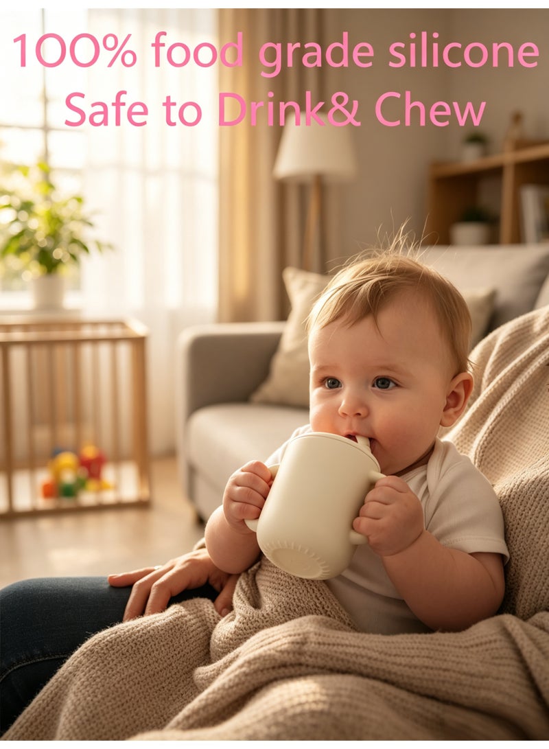 3-in-1 Silicone Baby Sippy Cup - Training Cup with Straw & Spout Lids, Anti-Spill BPA-Free Drinking Cup for Infants & Toddlers, Leakproof Travel Bottle for Milk/Juice/Water （Beige） - Image 5