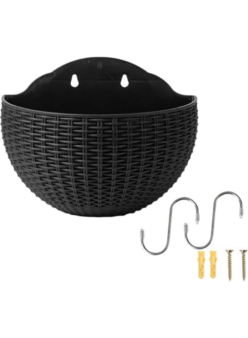 Barakah مجموعة من الأواني المعلقة بتصميم خوص مقلد، حوامل نباتات نصف دائرية مثبتة على الحائط، أواني زهور معلقة للحديقة لتزيين الشرفة، السياج، والفناء (بني طبيعي) - Image 1